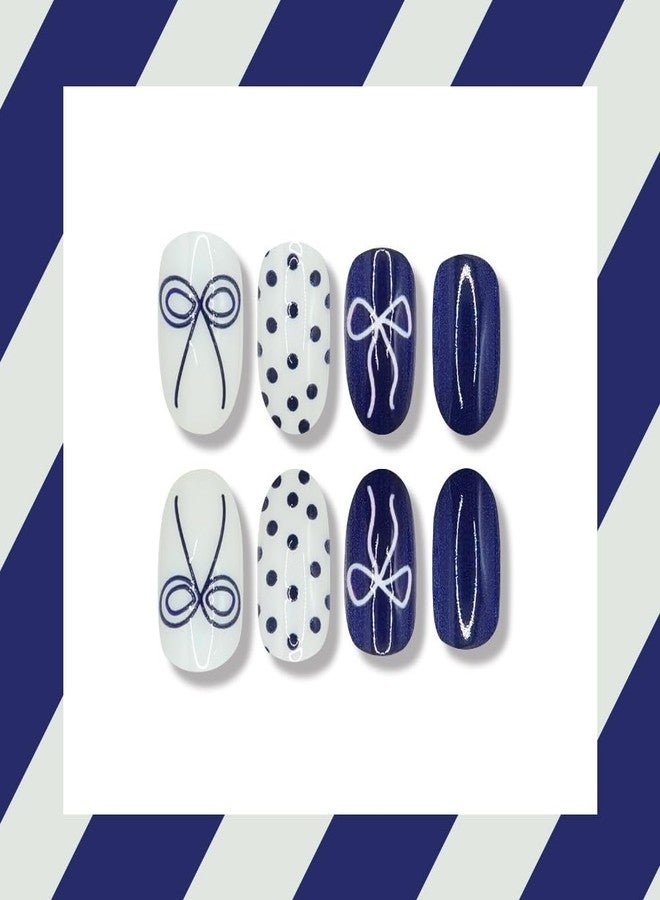 Sevgob Almond Press on Nails Medium Nails Press on Polka Dots False Nails with Bow Design Glossy Full Cover Dark Blue Glue on Nails Cute Glitter Acrylic Nail Fall Winter Fake Nail for Women Manicure 24Pcs - Image 3